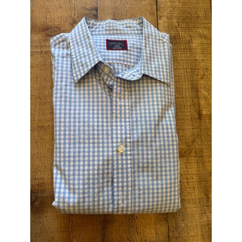 UNTUCKit Men Large Slim Fit Blue White Gingham Check Cotton Button Down Shirt